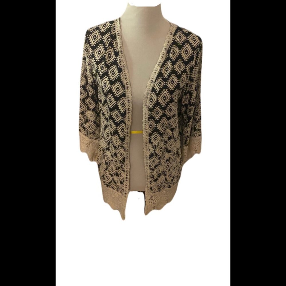 Anthropologie Solitaire Lace/Crochet Sleeves Geometric Design Open Cardigan